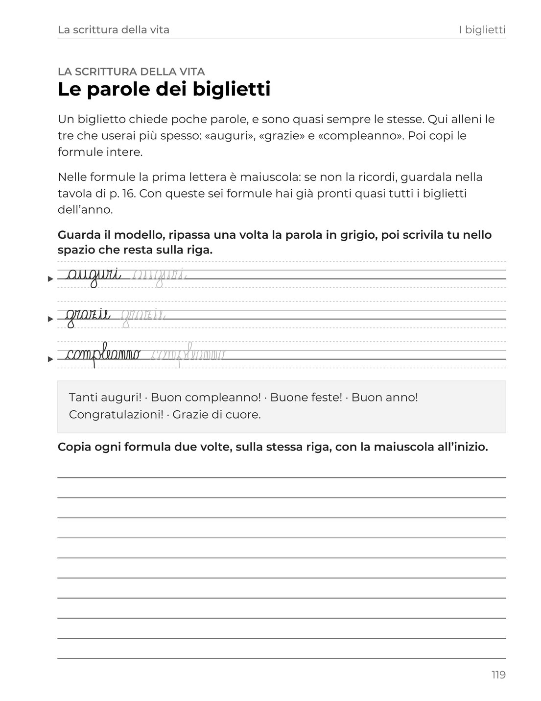 Una pagina interna del volume 3: le parole dei biglietti, auguri, grazie e compleanno, con il modello a inizio riga e la parola in grigio da ripassare